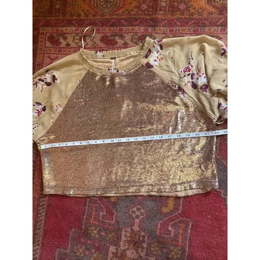 Free People Shimmy Shake Floral Sequin Top‎ In Champagne XS